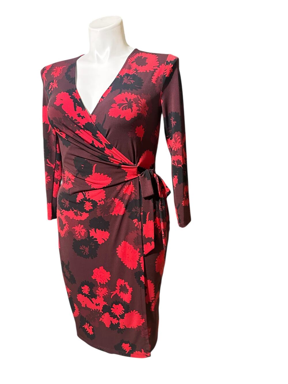 Anne Klein Red Floral Faux Wrap Dress Long Sleeve Size M